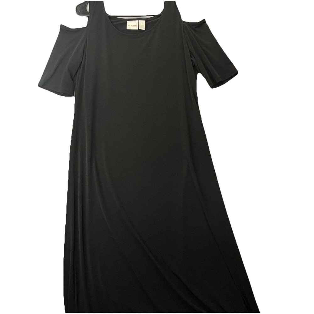 Chicos Size 1 Black Cold Shoulder Dress Womens Stretch Short Sleeve Maxi - Picture 7 of 12
